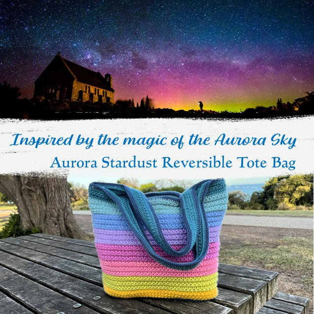 Crocheted tote bag with Aurora Stardust design on a wooden surface, inspired by the Aurora Sky.