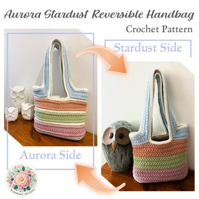 Crocheted handbag with reversible design on a wooden surface, showing Aurora and Stardust sides.