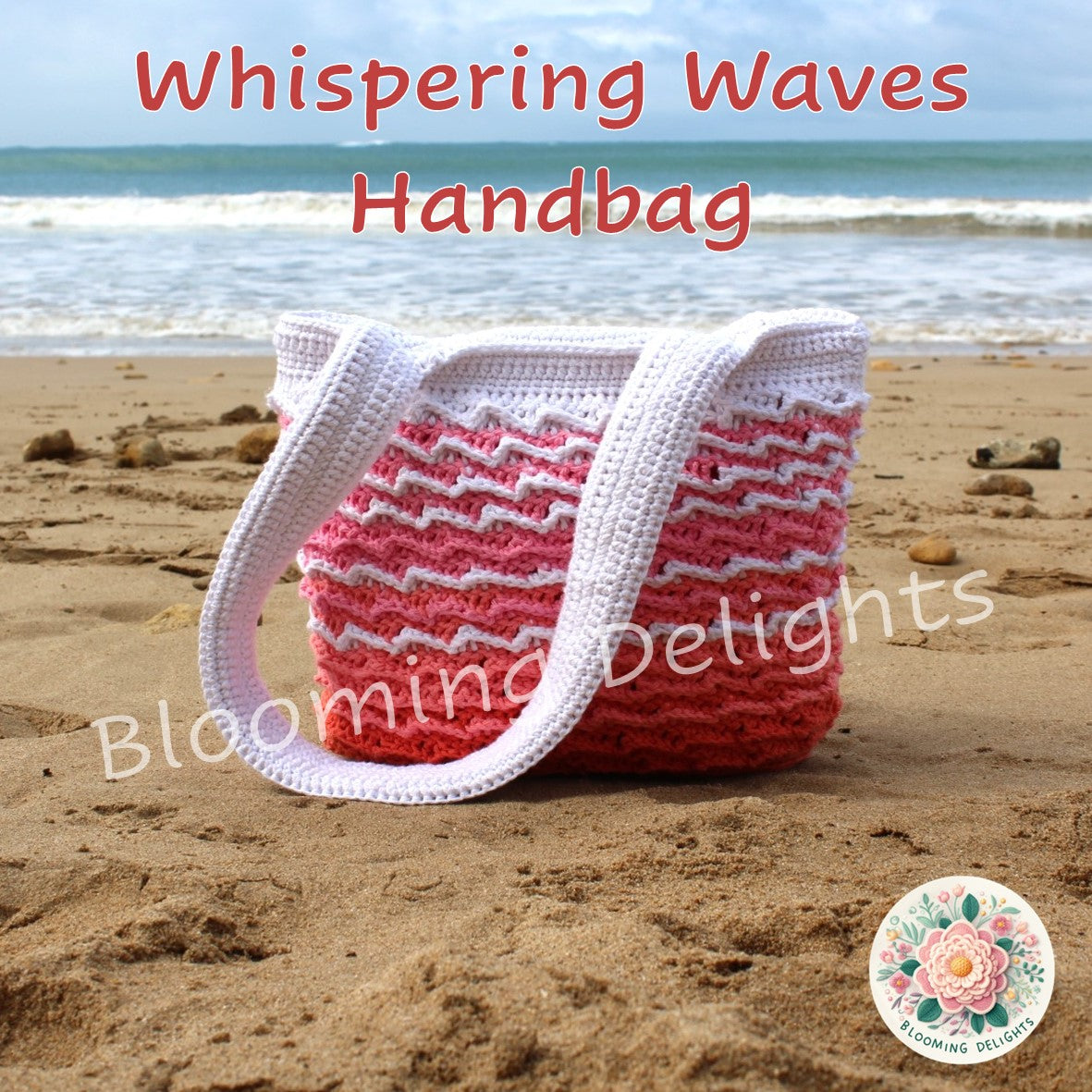 Handbag with 'Whispering Waves' design on a beach, featuring the brand 'Blooming Delights'.