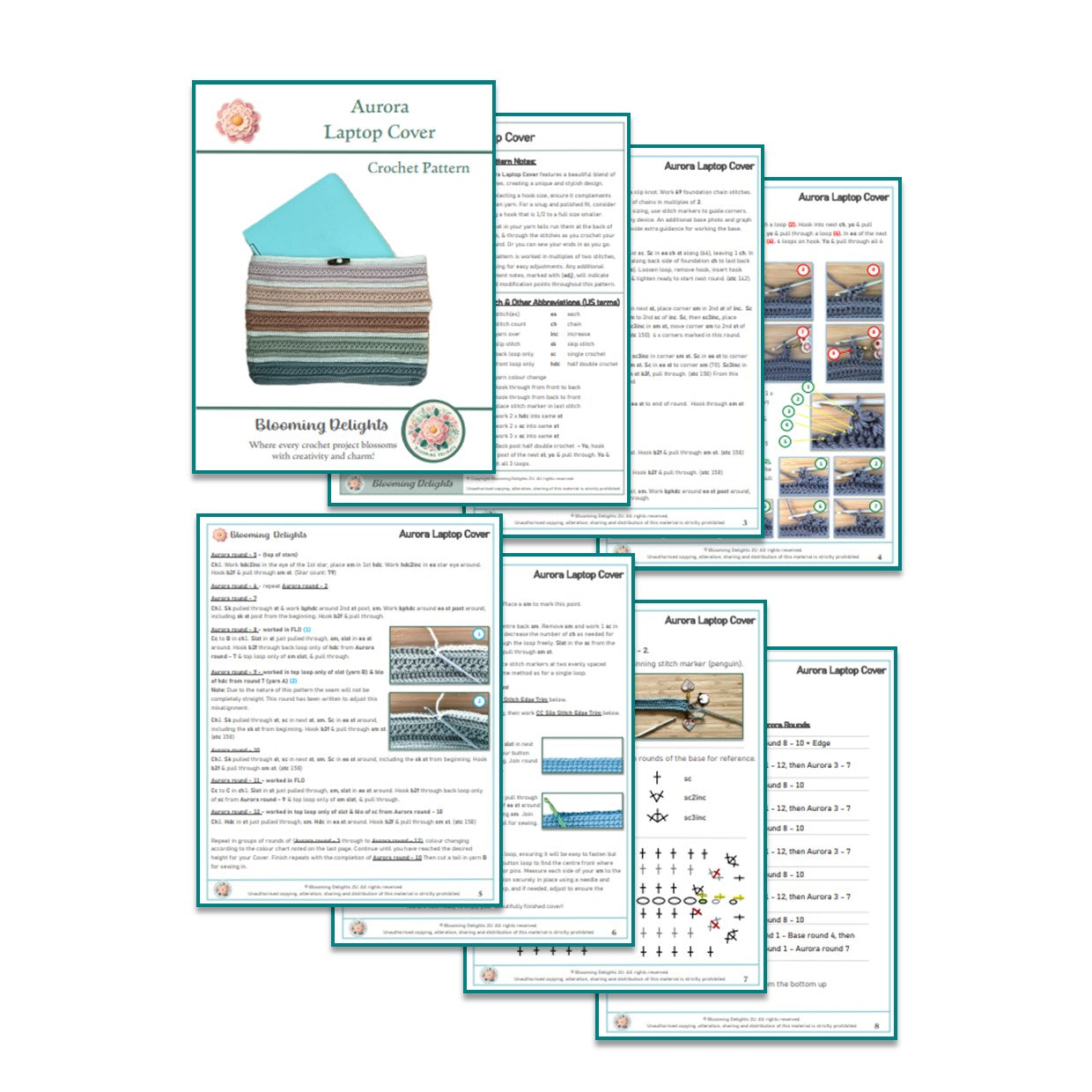 Aurora Laptop Cover crochet pattern with multiple pages showing text and images.