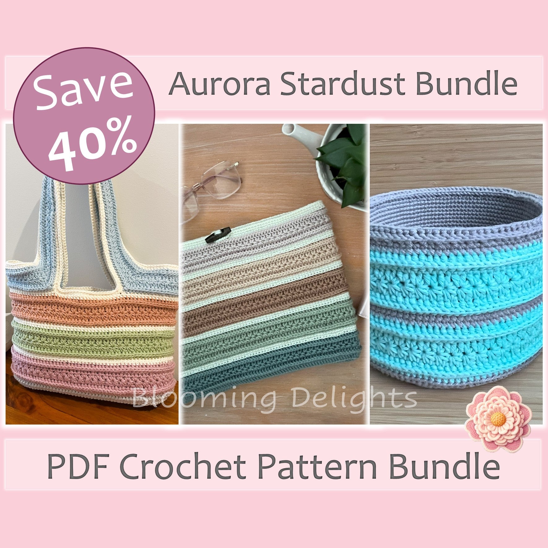 Crochet pattern bundle with colorful bags and text on a pink background