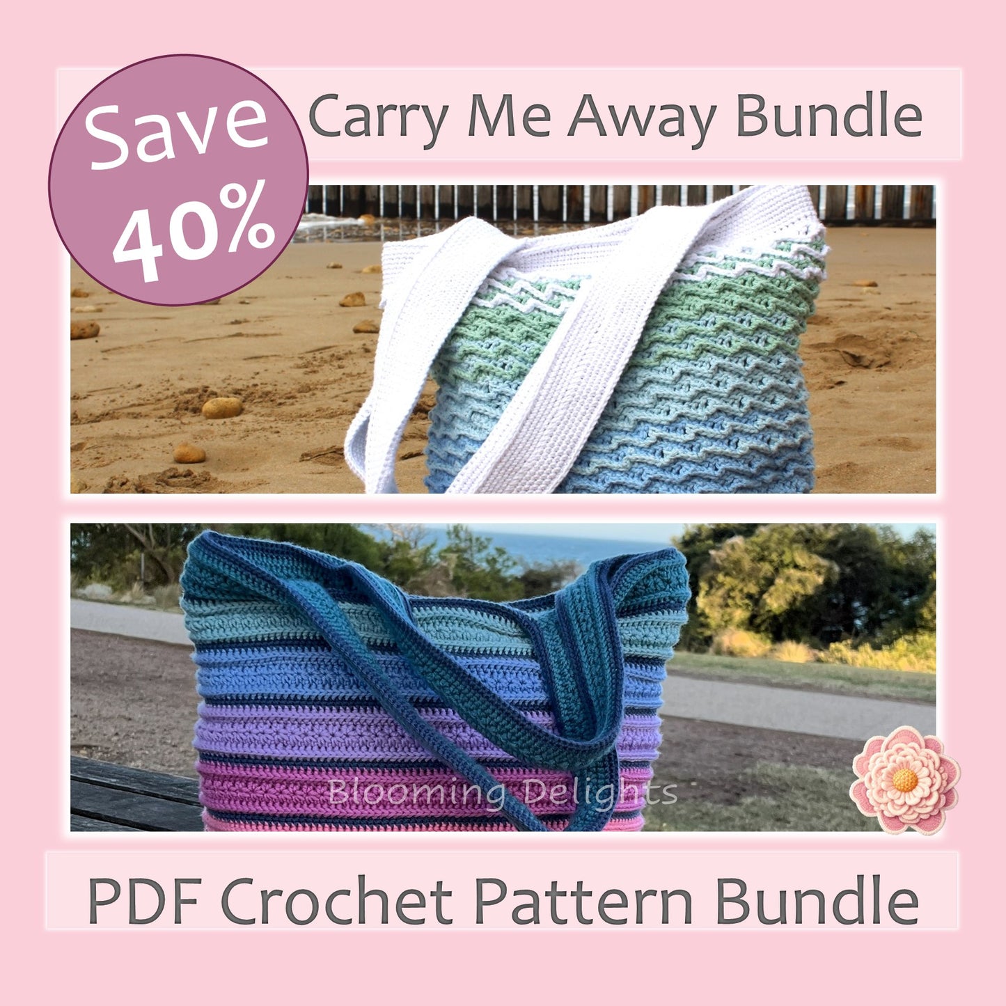 Crochet pattern bundle with a beach scene and promotional text on a pink background