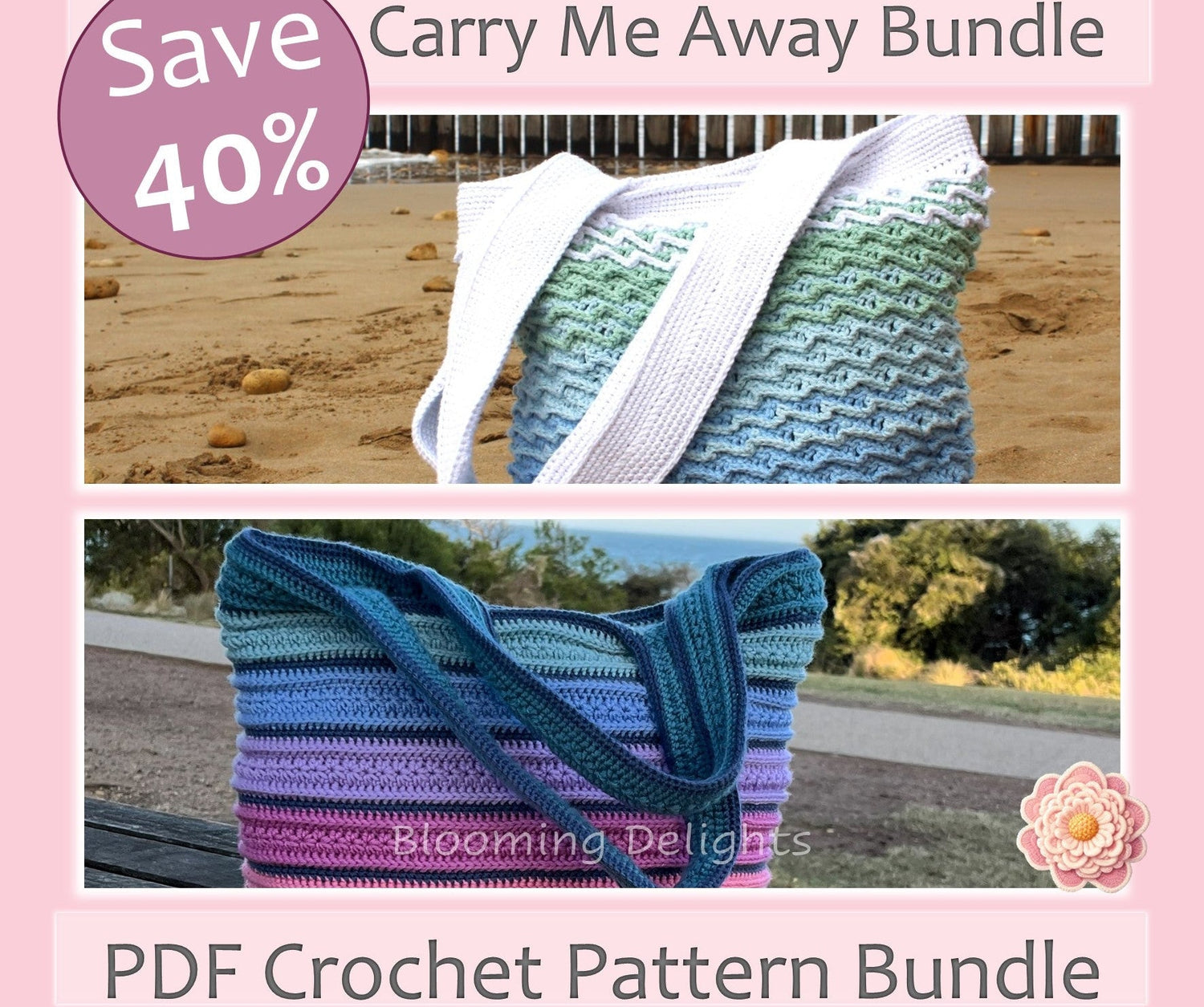 Crochet pattern bundle with a beach scene and promotional text on a pink background