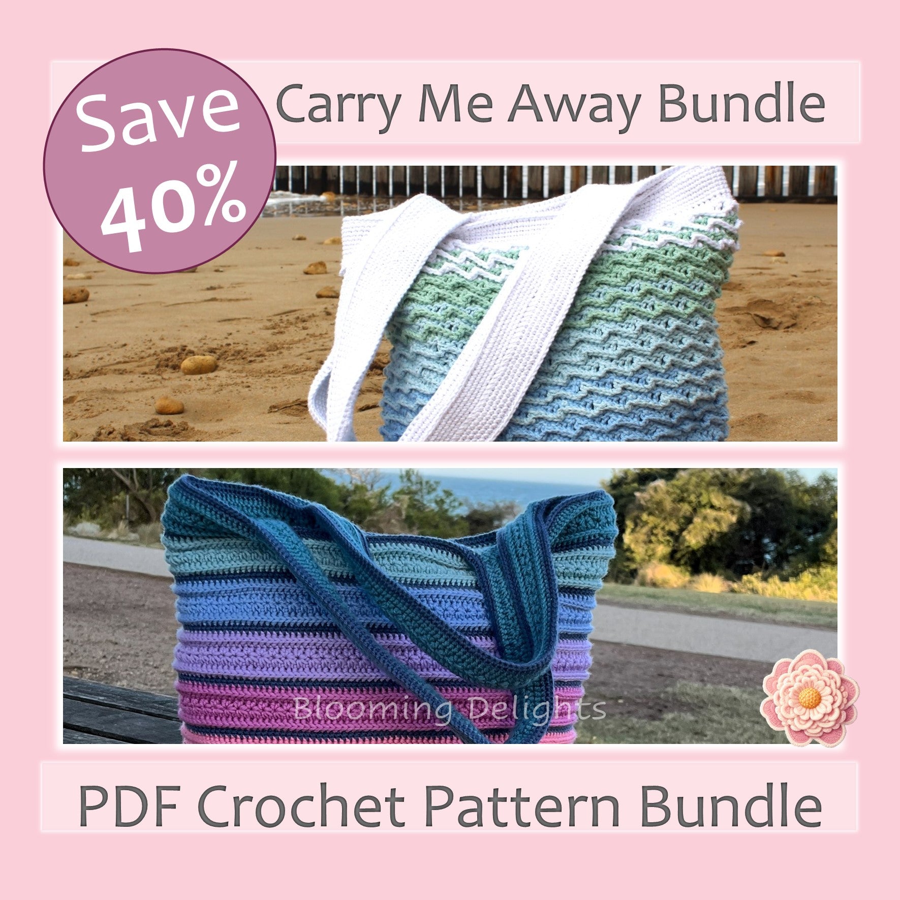 Crochet pattern bundle with a beach scene and promotional text on a pink background