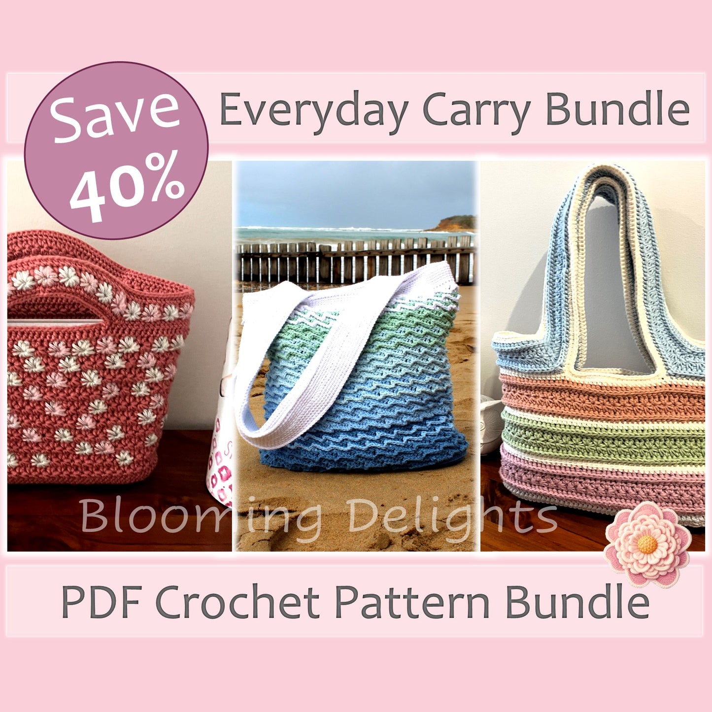 Promotional image for a PDF crochet pattern bundle with three colorful bags on a pink background.
