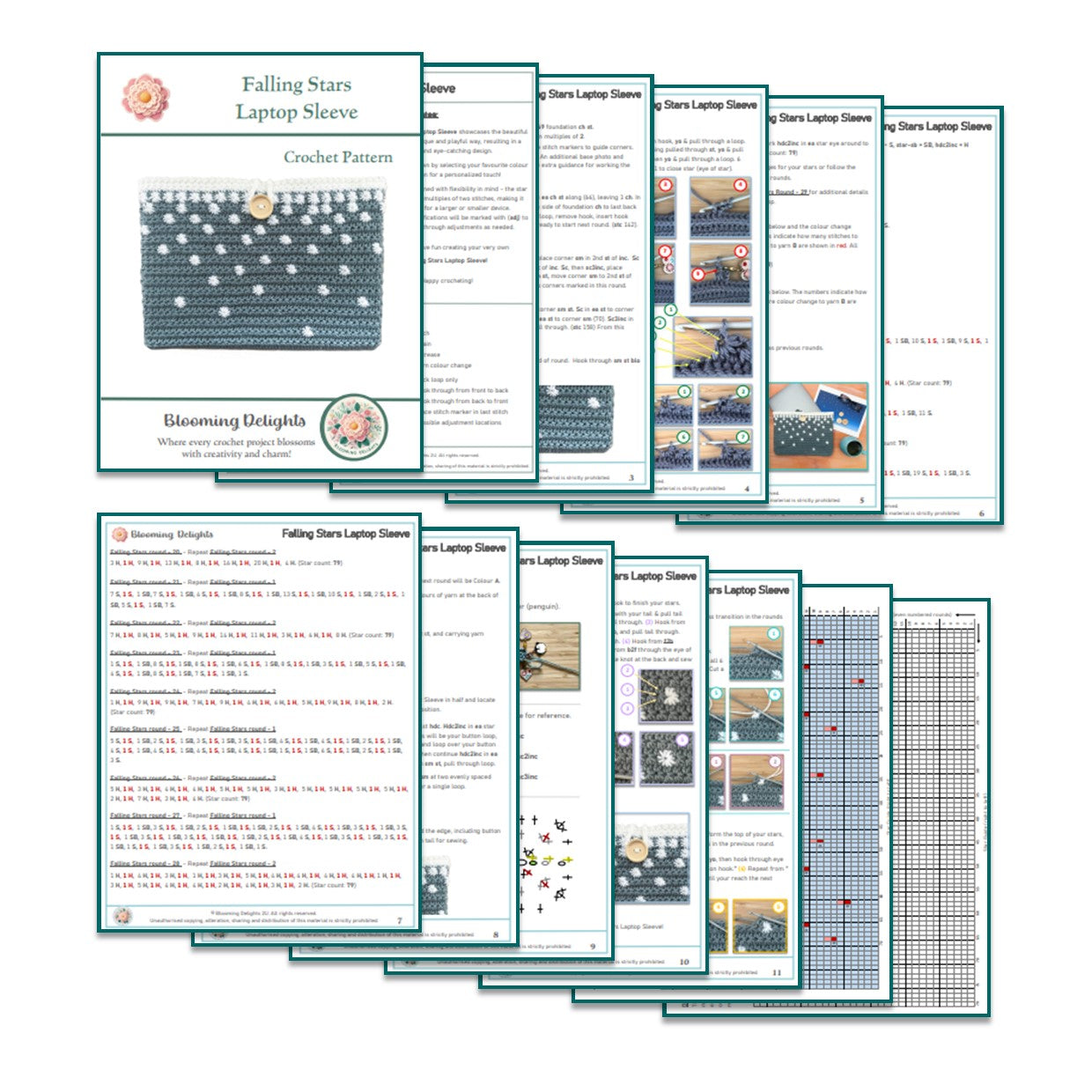 Collection of crochet pattern pages for a 'Falling Stars Laptop Sleeve' on a white background.