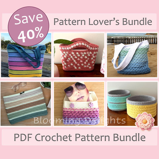 Promotional image for a PDF crochet pattern bundle with various crocheted items on a pink background.