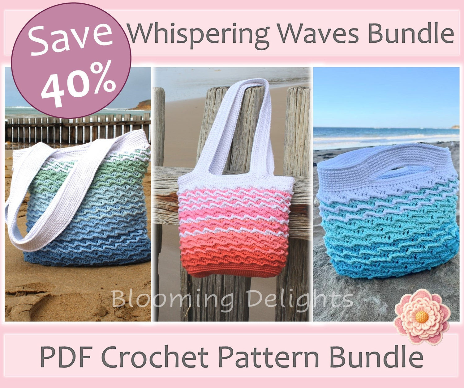 Promotional image for a PDF crochet pattern bundle with beach-themed bags.
