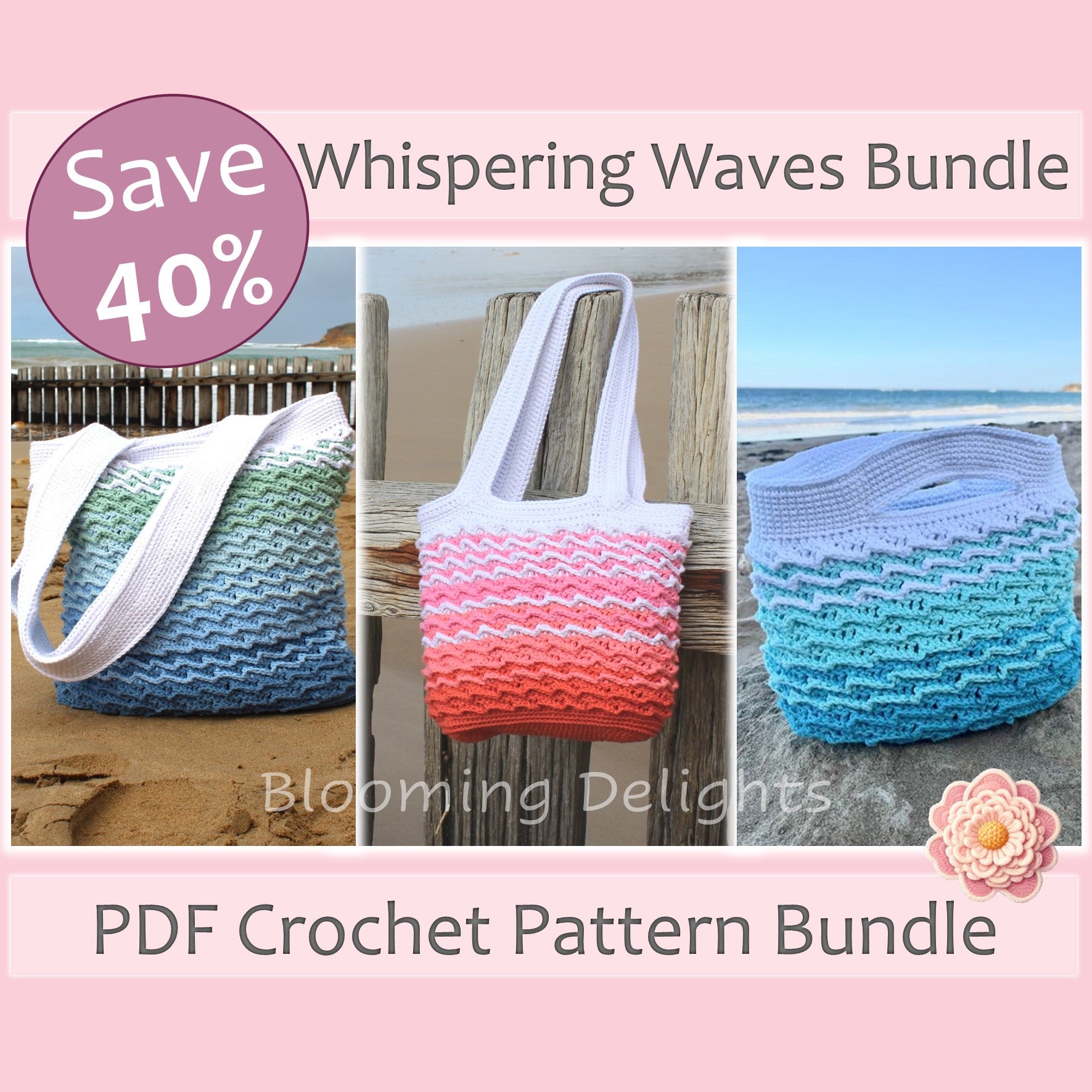 Promotional image for a PDF crochet pattern bundle with beach-themed bags.