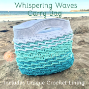 Blue and white striped carry bag with crochet lining on a beach.